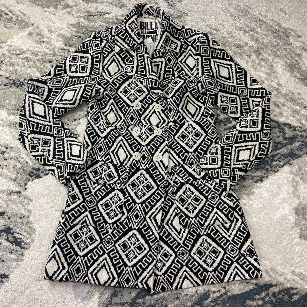 Billabong Audrey Peacoat Jacket Womens L Black White Aztec Print Double Breasted